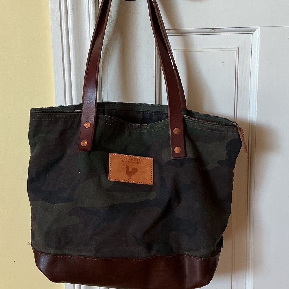 Camouflage Tote with Leather Trim